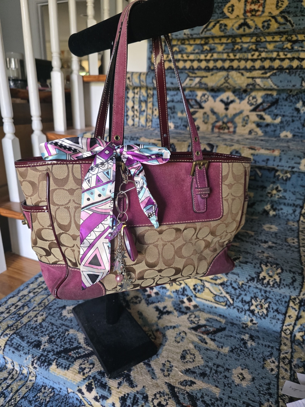 Coach Monogram Tote with Burgundy Suede and Pink Accent Scarf